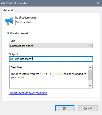 Setting a new quota boost e-mail notification