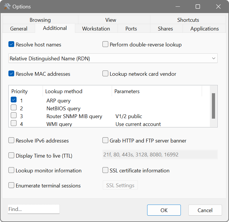SoftPerfect Network Scanner's Additional options window