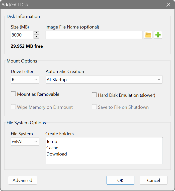 RAM Disk - Add/Edit Disk window