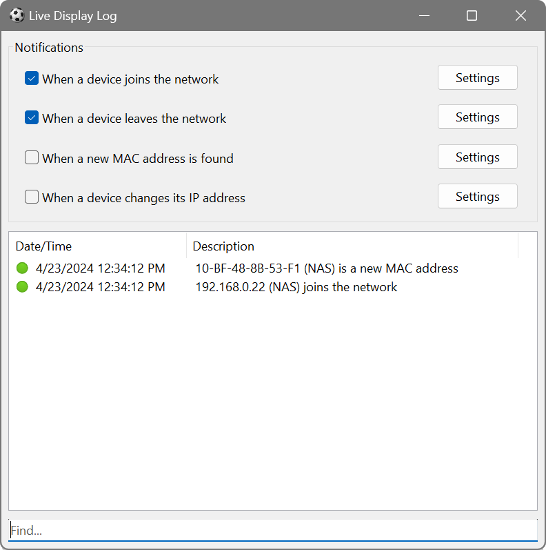 Live Display Log window