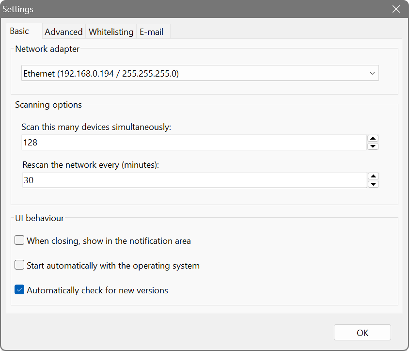 SoftPerfect WiFi Guard configuration dialog