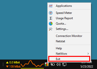 Exit item in NetWorx popup menu