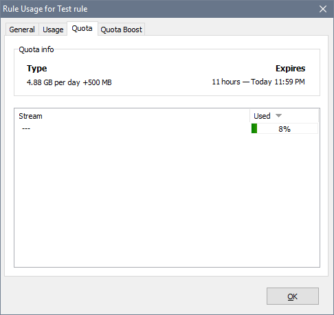 Rule Usage window, Quota tab