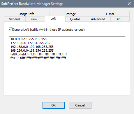 SoftPerfect Bandwidth Manager Settings - LAN tab