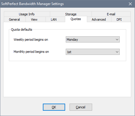 SoftPerfect Bandwidth Manager Settings - Quotas tab