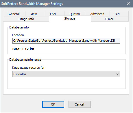 SoftPerfect Bandwidth Manager Settings - Storage tab