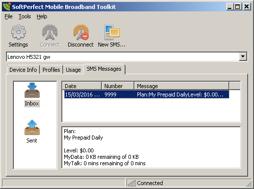 SoftPerfect Mobile Broadband Toolkit - SMS Messages tab