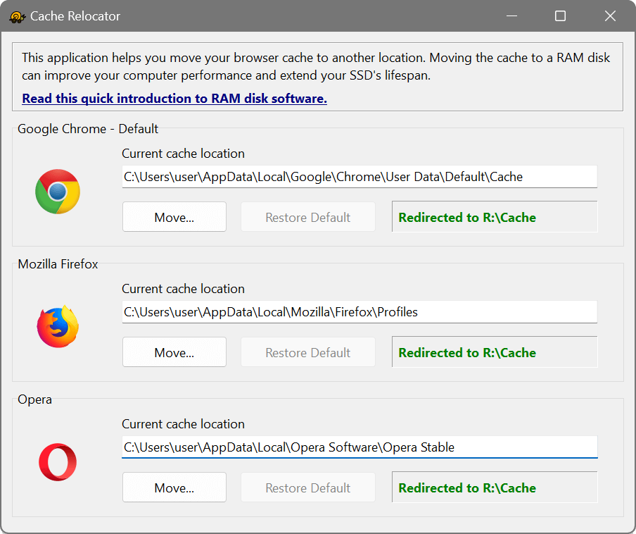 SoftPerfect Cache Relocator screenshot