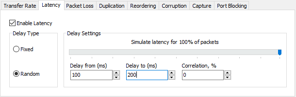 SoftPerfect Connection Emulator - Main window, Latency tab