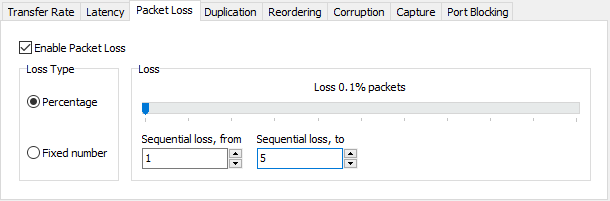 SoftPerfect Connection Emulator - Main window, Packet Loss tab