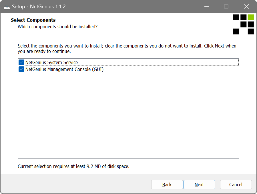 Choosing components in NetGenius installer