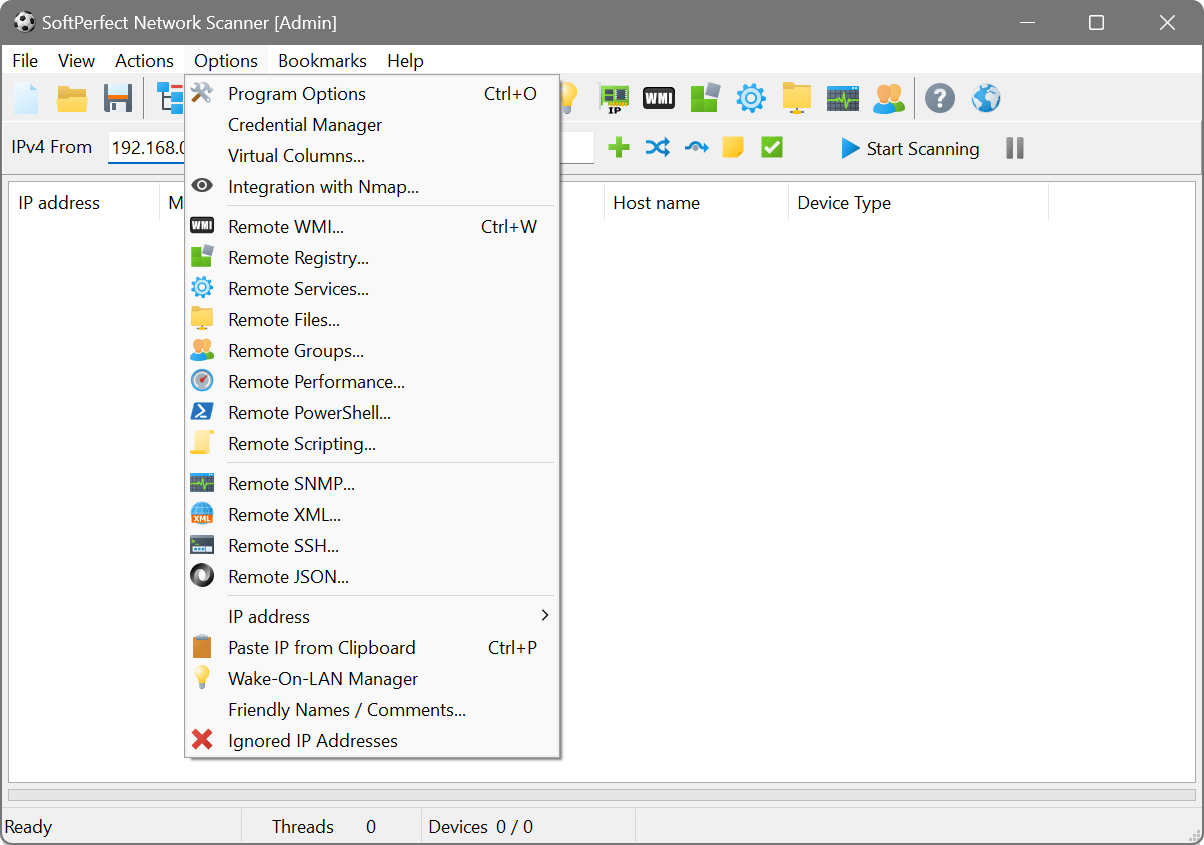 SoftPerfect Network Scanner's main window with the Options menu expanded