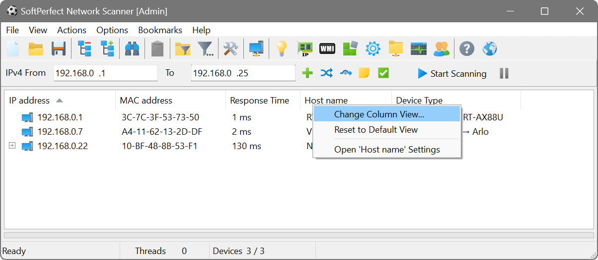 Changing column view menu