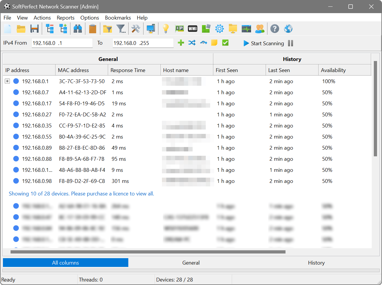 Scan results with First Seen, Last Seen and Availability columns