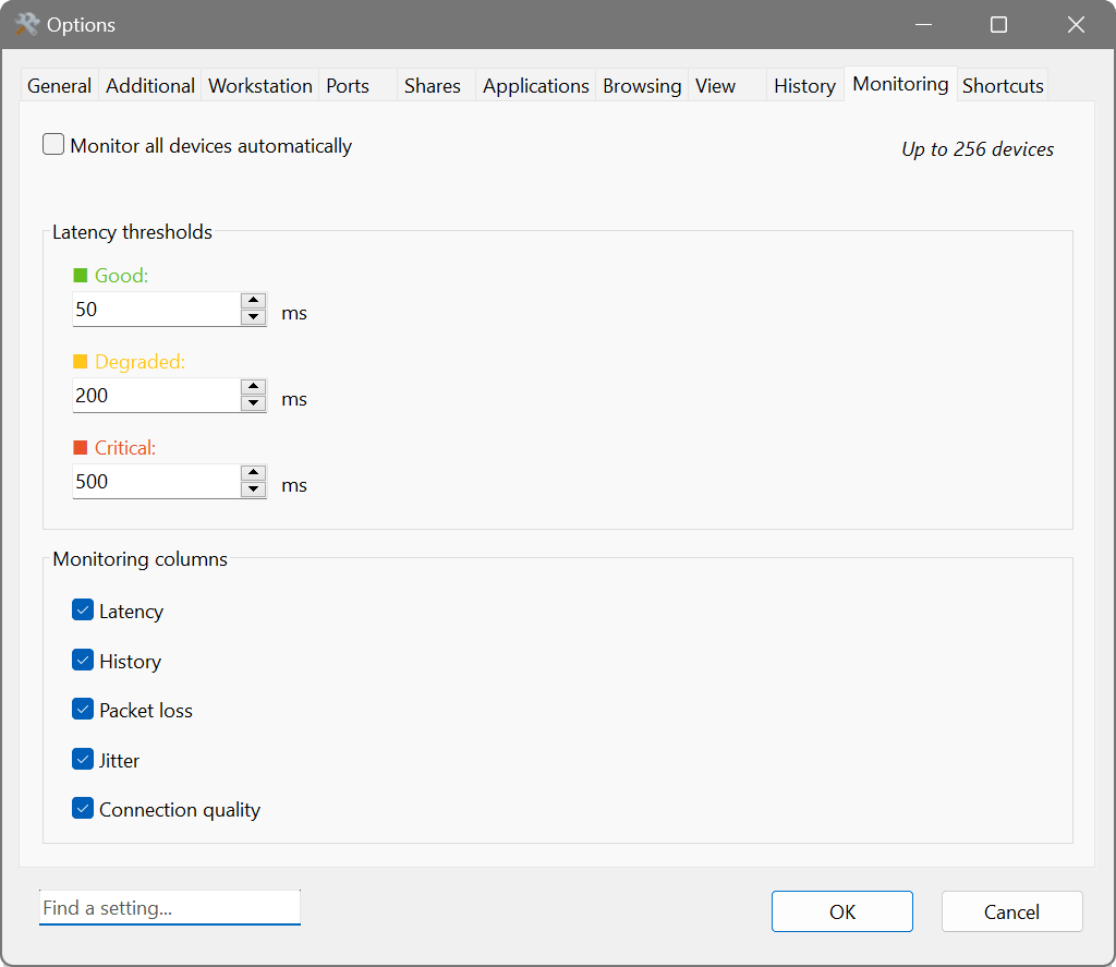 Options - Monitoring tab