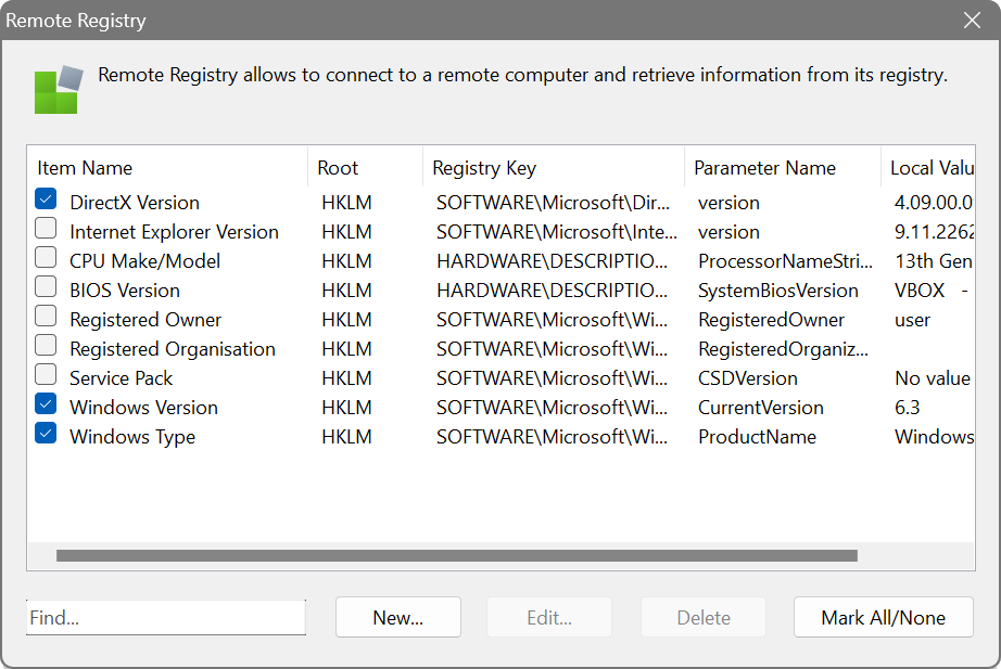 Remote Registry window