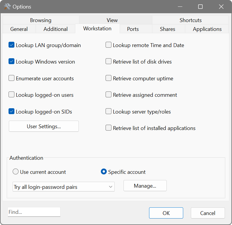 SoftPerfect Network Scanner's Workstation options window