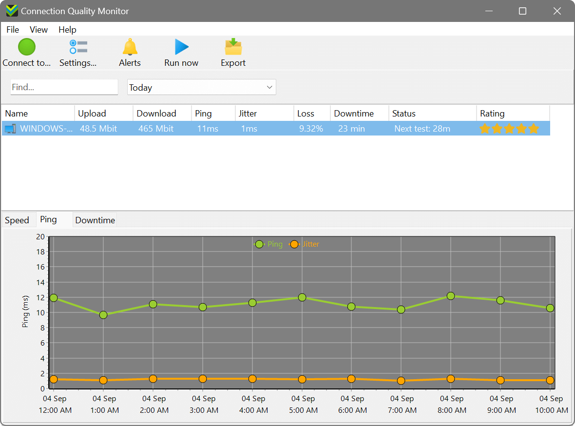 Connection Quality Monitor main window with ping and jitter charts