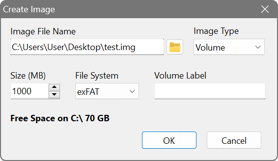RAM Disk - Create Image window
