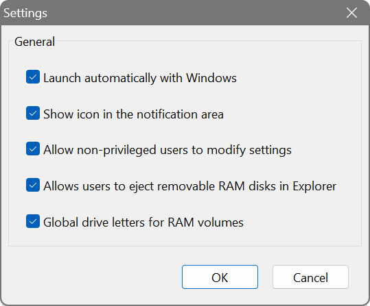 RAM Disk - Settings window
