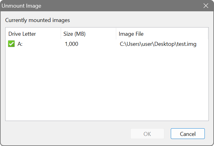 RAM Disk - Unmount Image window
