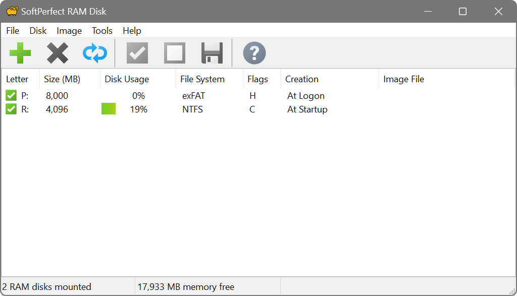 SoftPerfect RAM Disk Main window