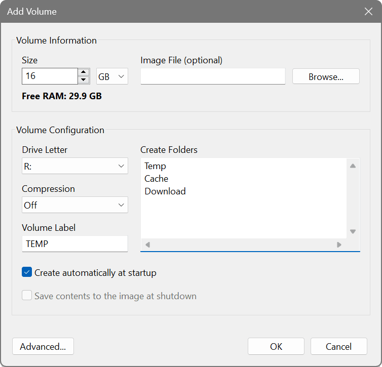 The Add Volume dialog