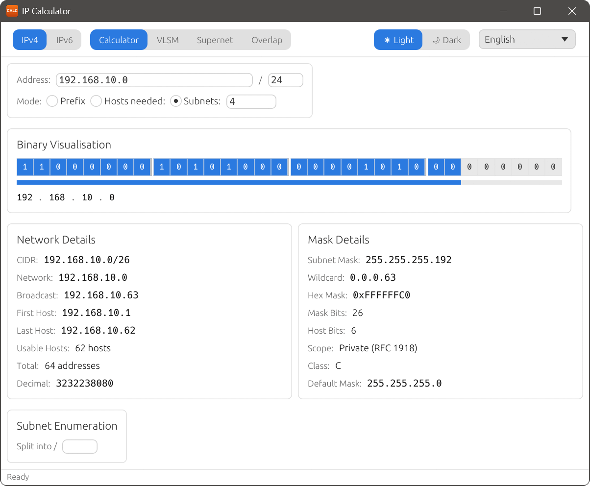 IPv4 calculator in Subnets mode