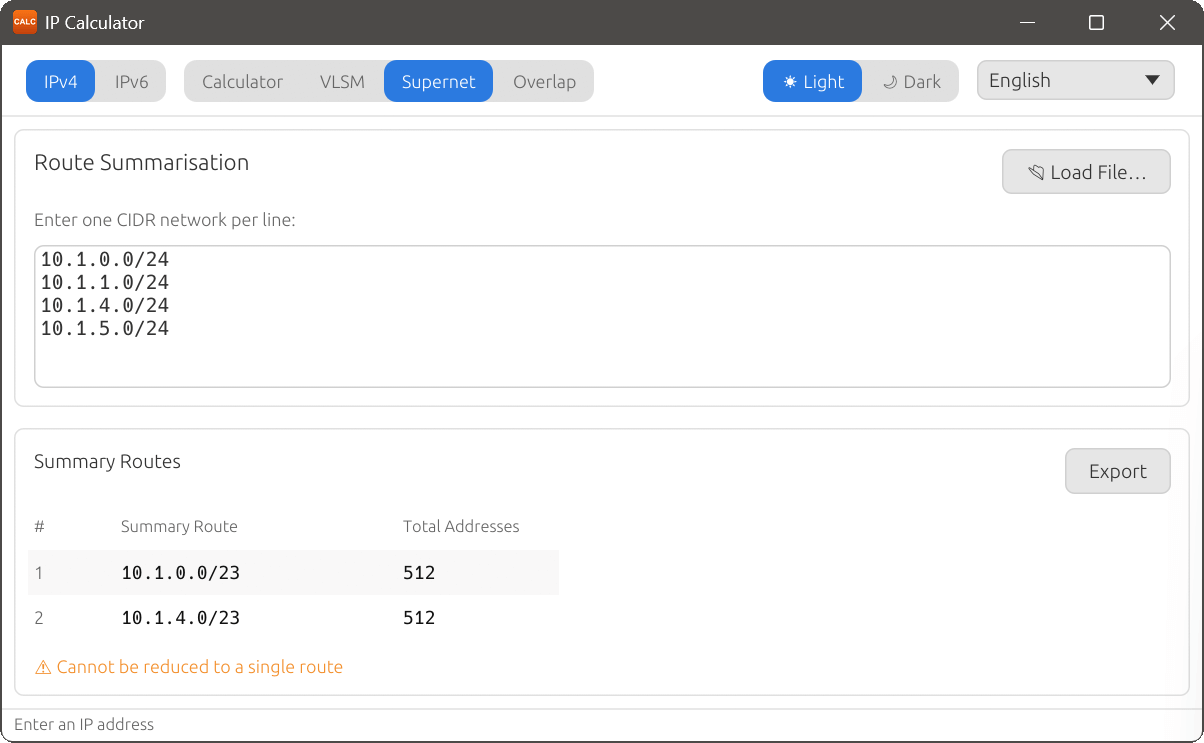 Route summarisation partial result
