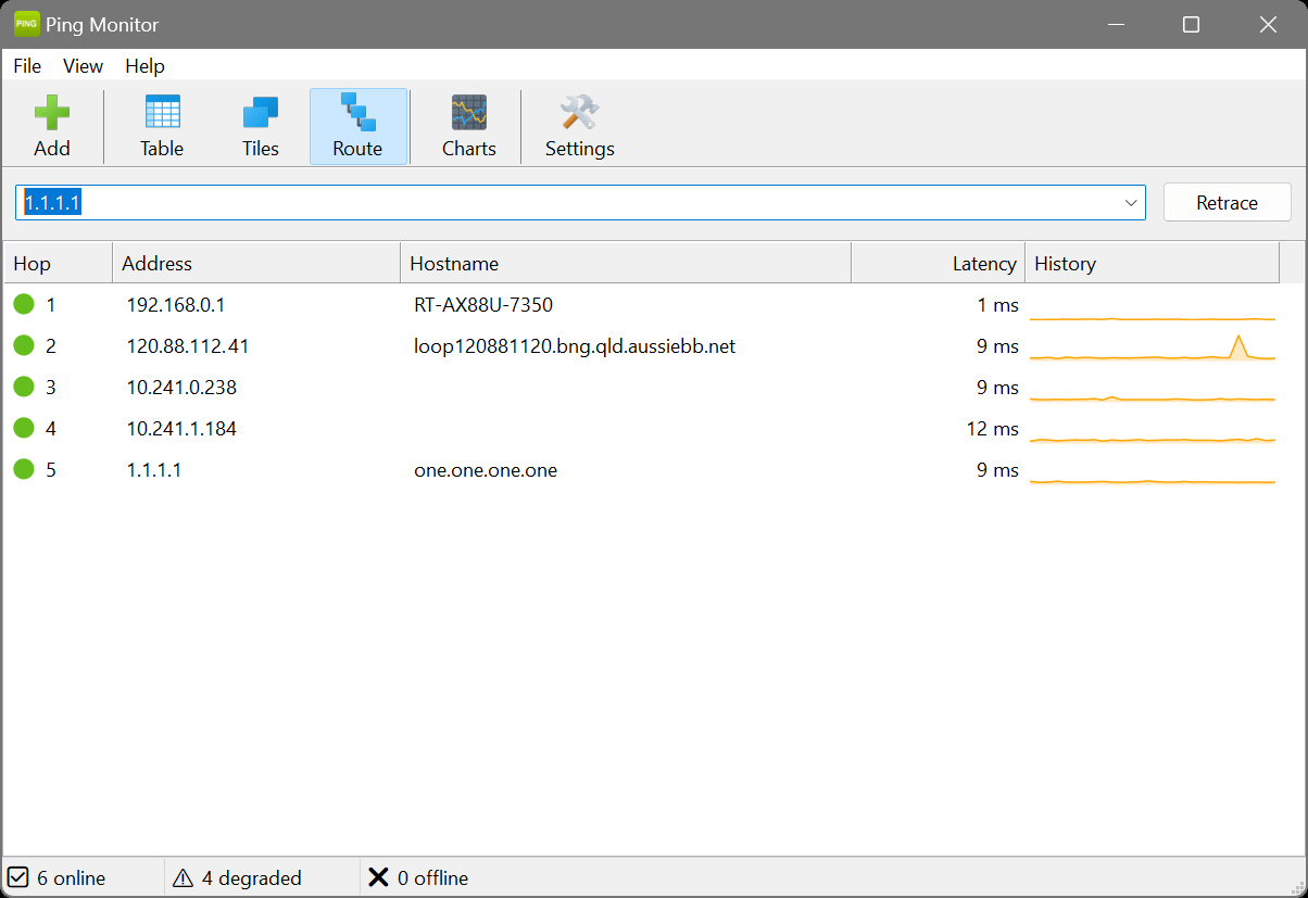 Ping Monitor route trace view