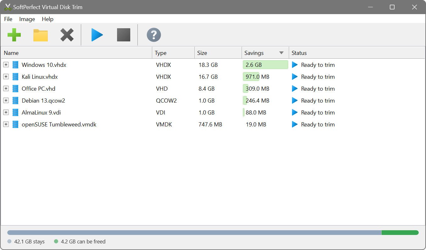 The Virtual Disk Trim main window with analysed images