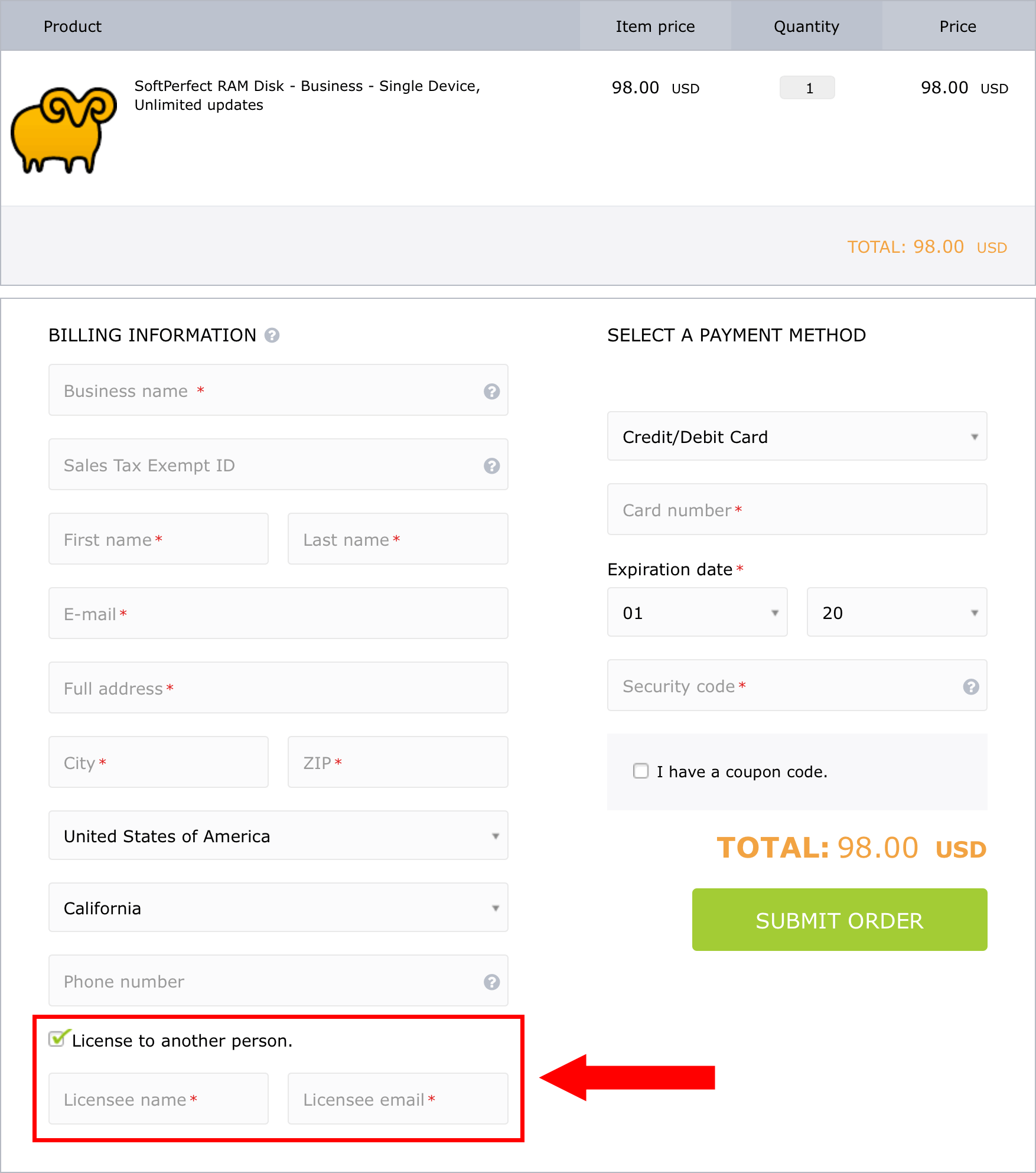 Example of Reseller purchase form. Fill the Licensee Name and Licensee Email fields.